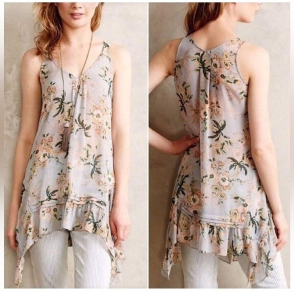 Maeve Anthropologie Floral Handkerchief Hem Ruffle Tunic Top Light Blue XS